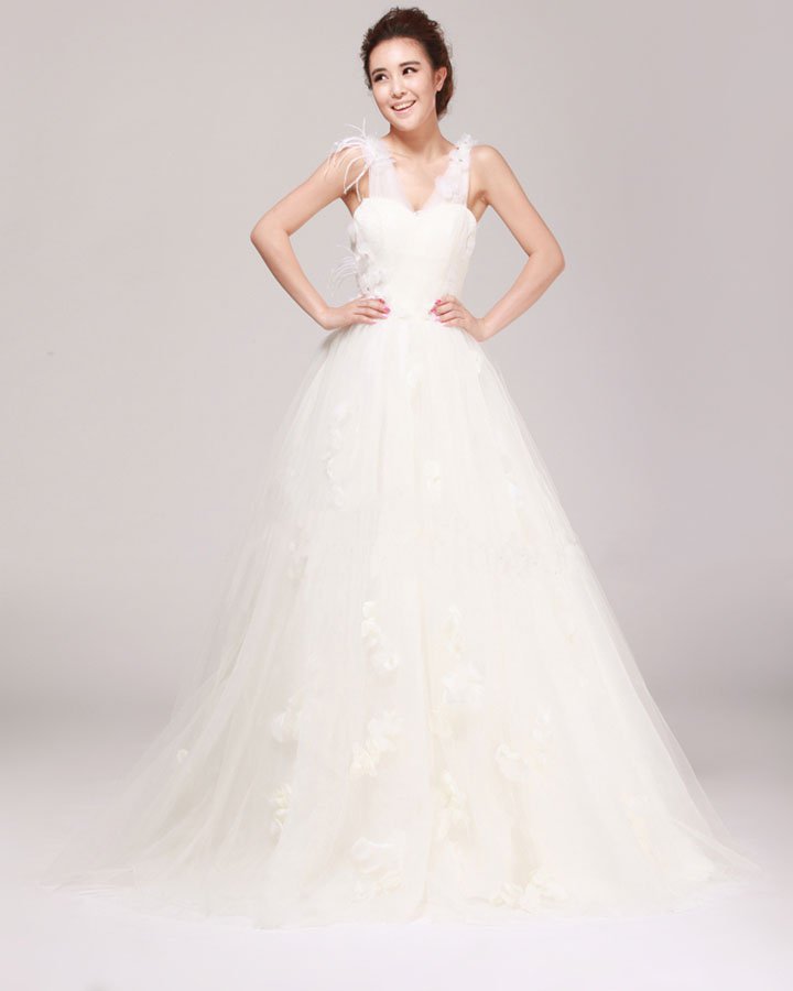 V Neck Flower Beading Floor Length Satin Tulle A Line Wedding Dress