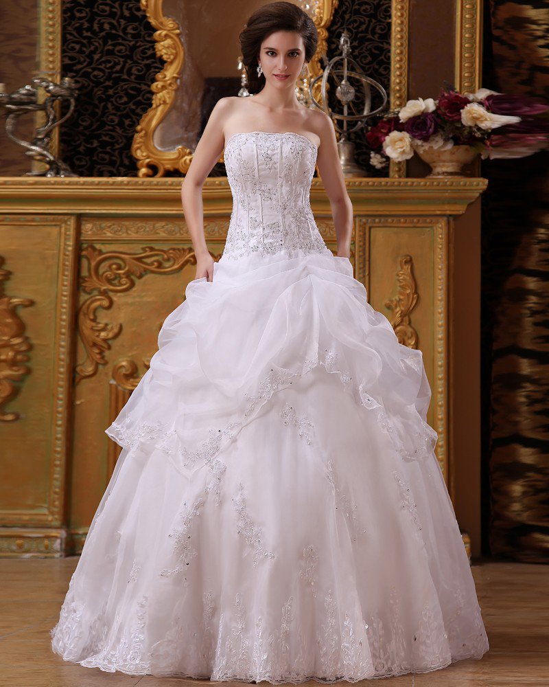 Strapless Floral Arrangements Catch Bubble Organza Floor Length A-Line Wedding Dresses