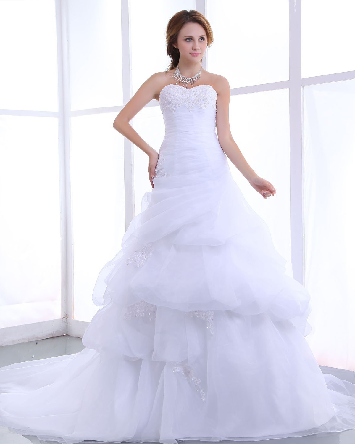 Sweetheart Beading Ruffles Organza Chapel Train A Line Wedding Dress