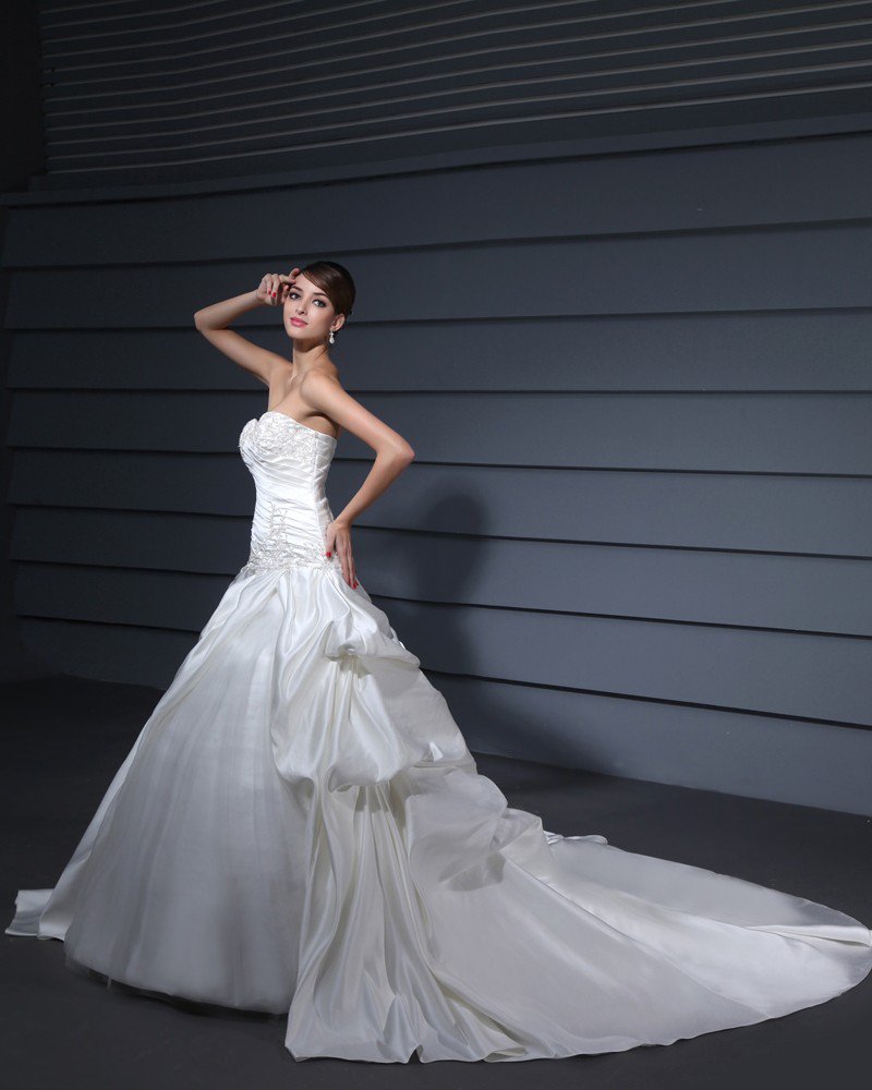 Satin Strapless Pleated Bead Chapel Train A-Line Wedding Dress