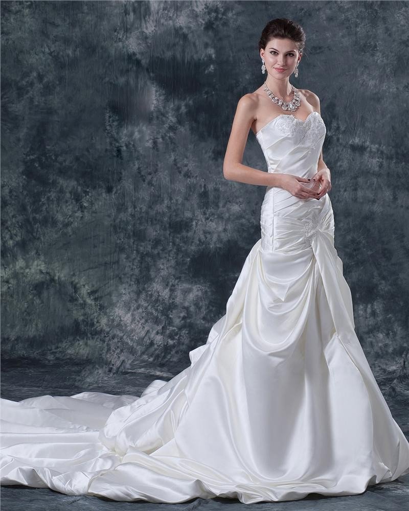 Satin Beading Sweetheart Cathedral A-line Bridal Gown Wedding Dress