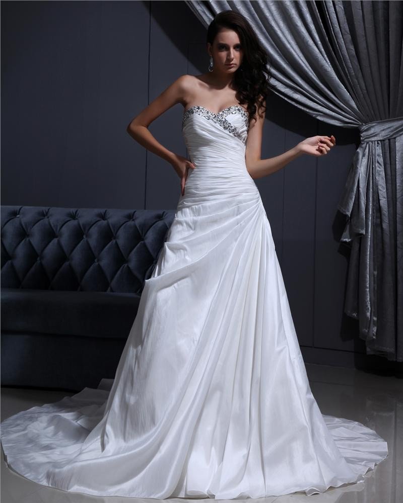 Sweetheart Floor Length Beading Pleated Taffeta Cathedral Train A-Line Wedding Dress