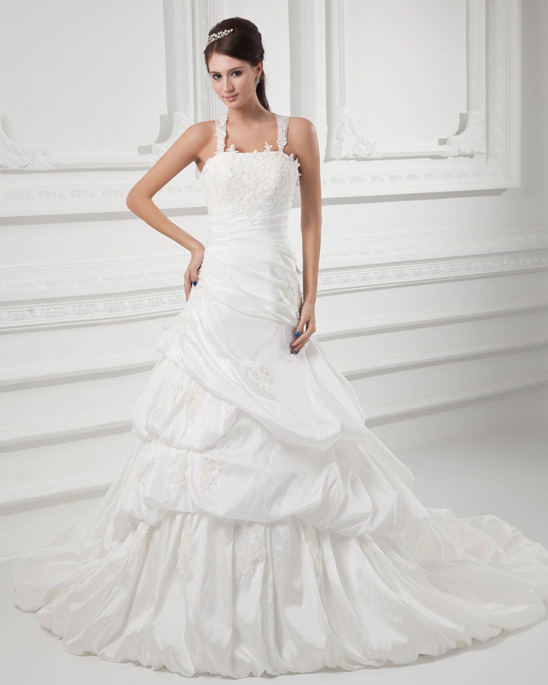 Taffeta Beads Applique Pleated Spaghetti Straps Court Train A Line Wedding Dress