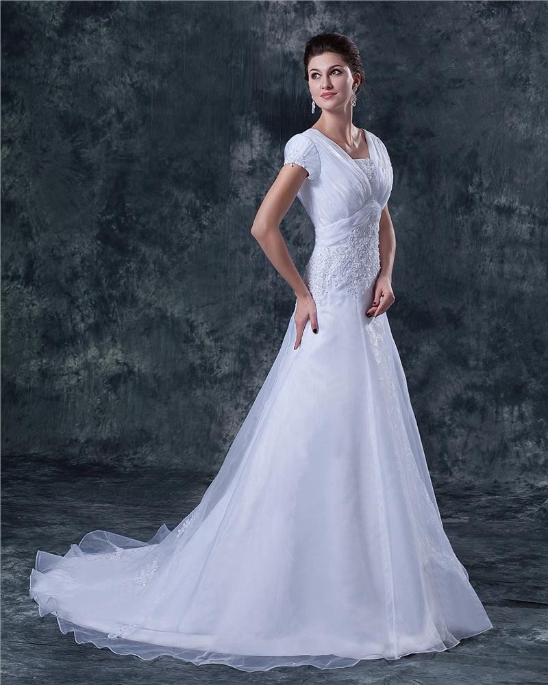 Beaded Applique Satin Tulle Shoulder Straps Chapel A-line Bridal Gown Wedding Dress