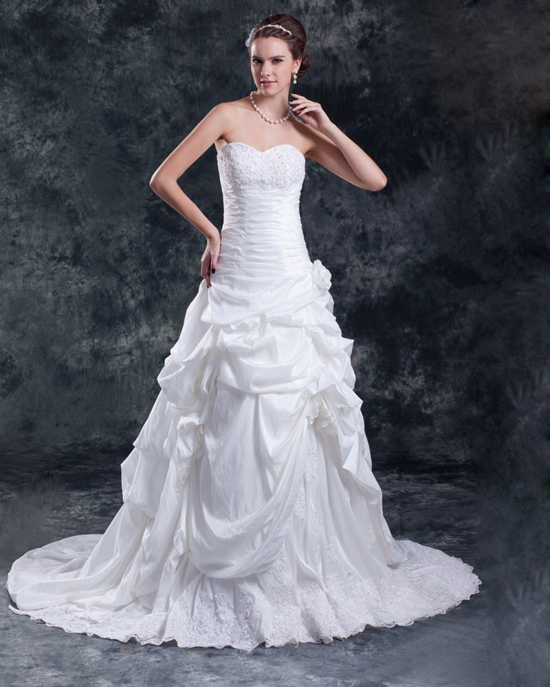 Taffeta Ruffle Applique Flower Court Train Sweetheart Women A Line Wedding Dress