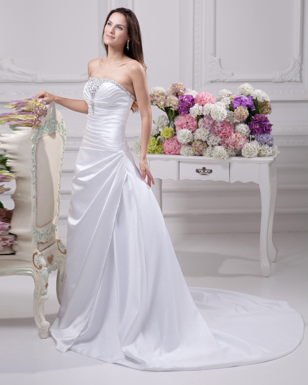 Floor Length Strapless Beading Pleated Satin A Line Wedding Dress
