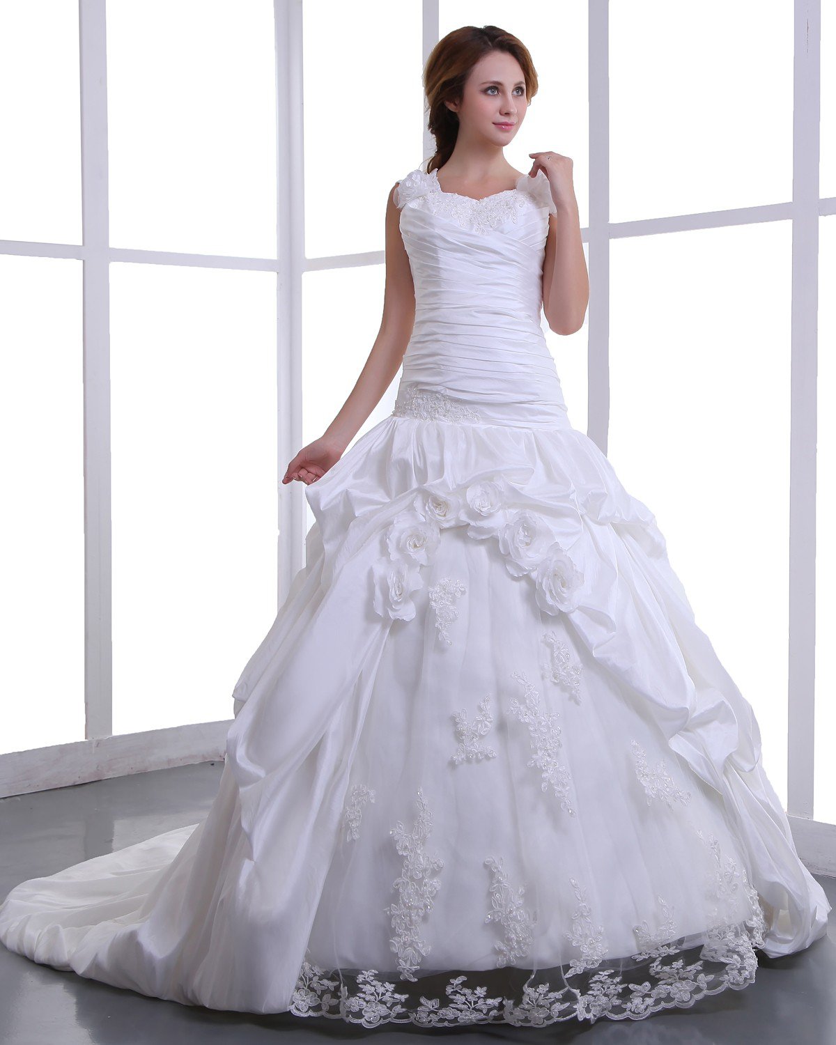 Square Taffeta Embroidery Bead Cathedral Train A-Line Wedding Dress 170001