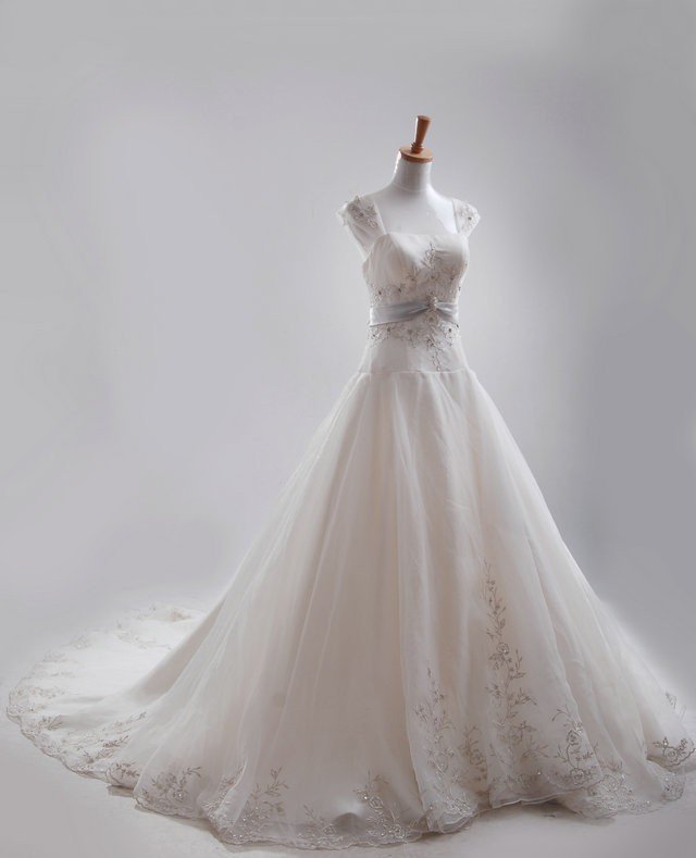 A-Line Square Monarch Train Satin Organza Embroidery Beading Bridal Gown Wedding Dress