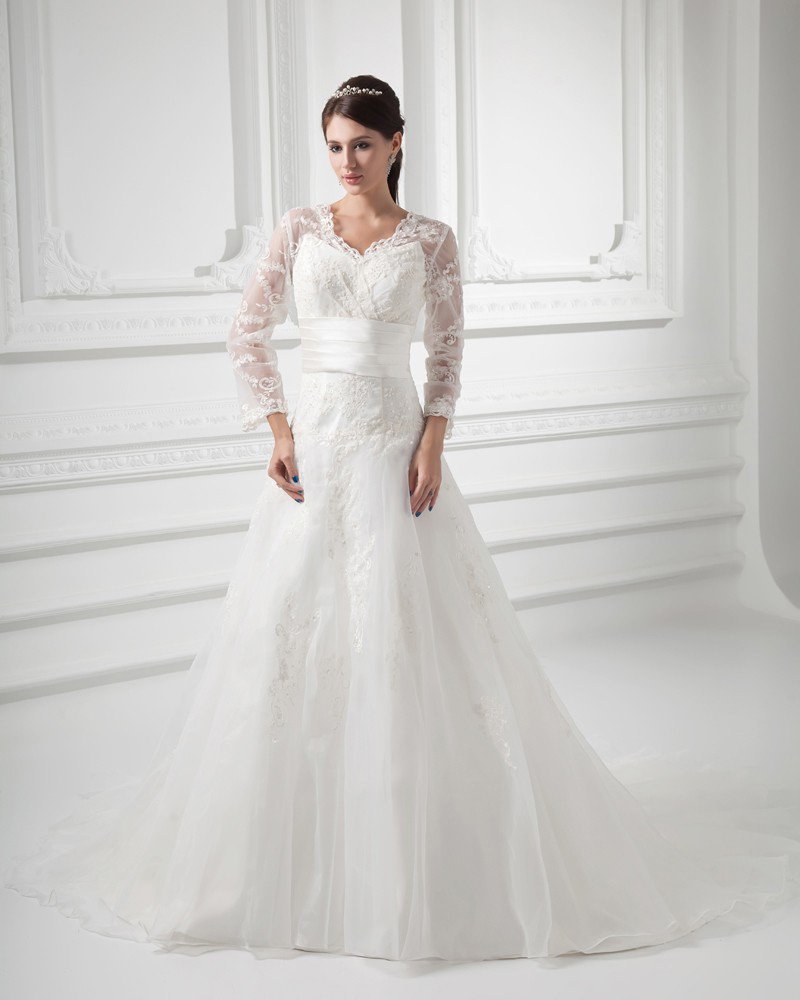 Organza Beads Flower V Neck Court Train Long Sleeve A Line Wedding Dress