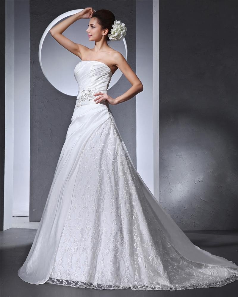 Strapless Beading Applique Pleated Taffeta Satin Lace Woman A Line Wedding Dress