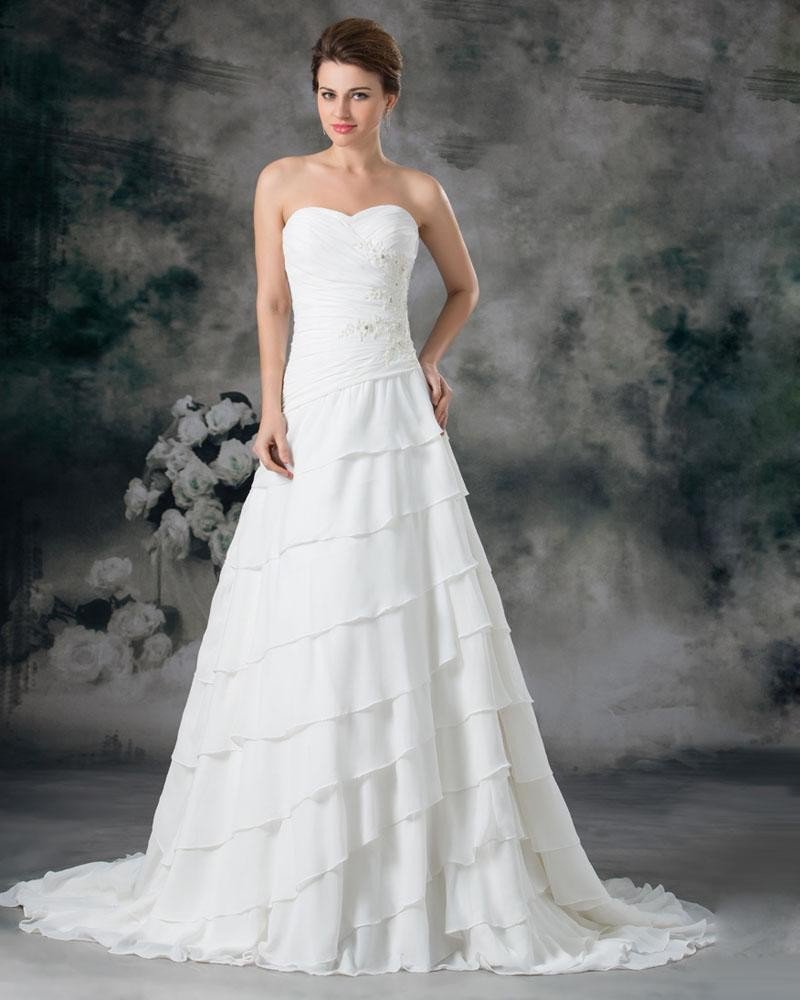 Sweetheart Layered Beading Chiffon Floor Length Court Train A Line Wedding Dress