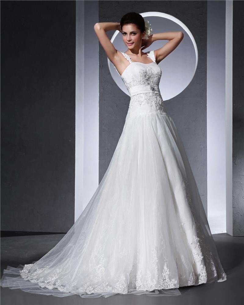 Shoulder Straps Applique Floor Length Organza Woman A Line Wedding Dress