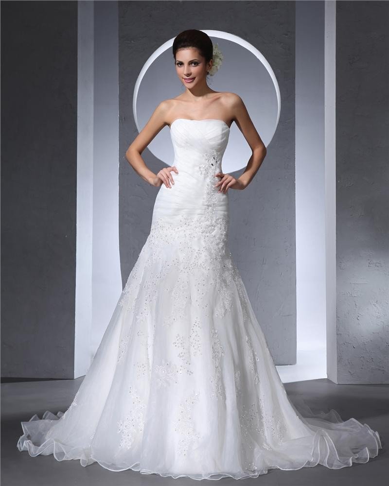 Strapless Beading Pleated Floor Length Satin Tulle Woman A Line Wedding Dress