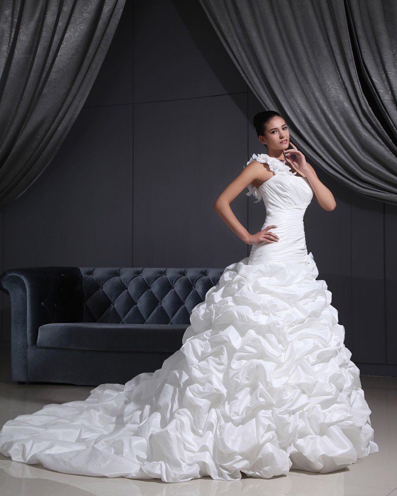 Taffeta One Shoulder Ruffle Chapel A-line Bridal Gown Wedding Dress