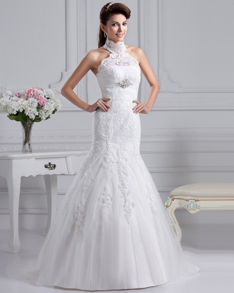 Gauze High Neck Applique Monarch Train A-line Wedding Dress