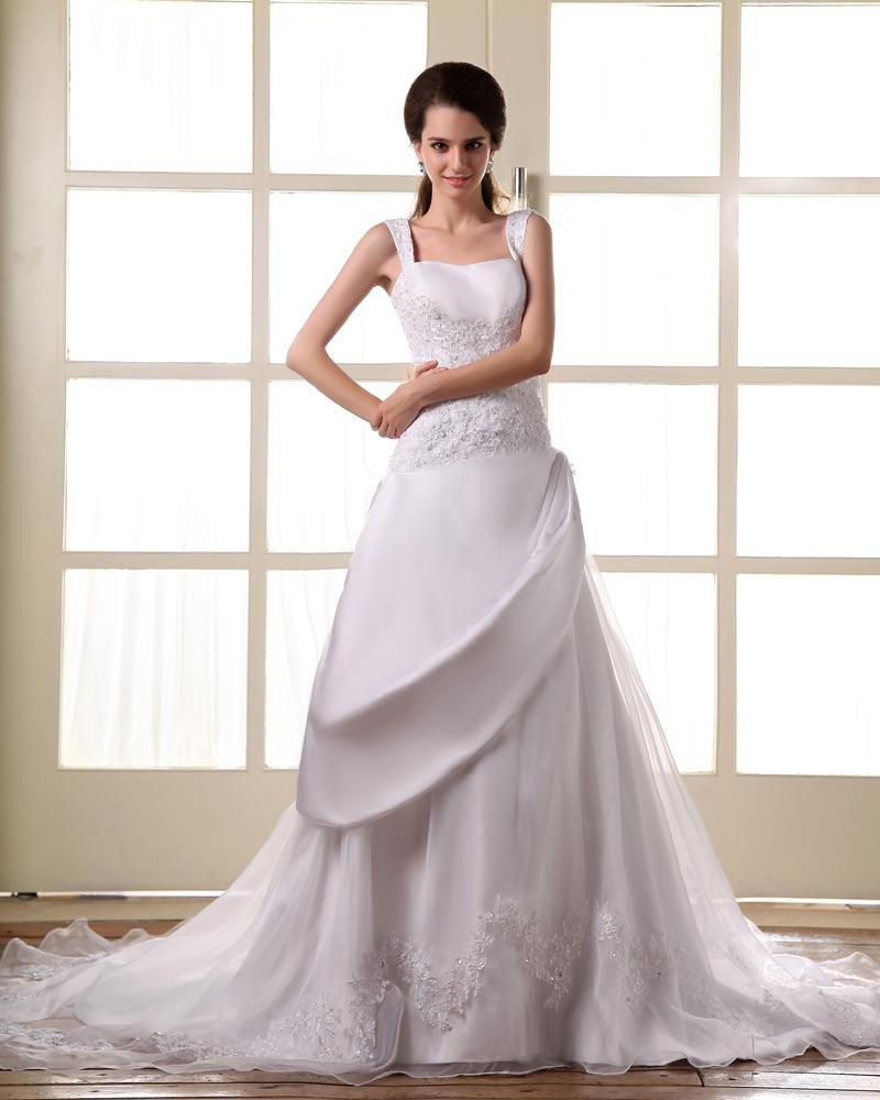 Beaded Satin Lace Shoulder Straps Court A-Line Bridal Gown Wedding Dress