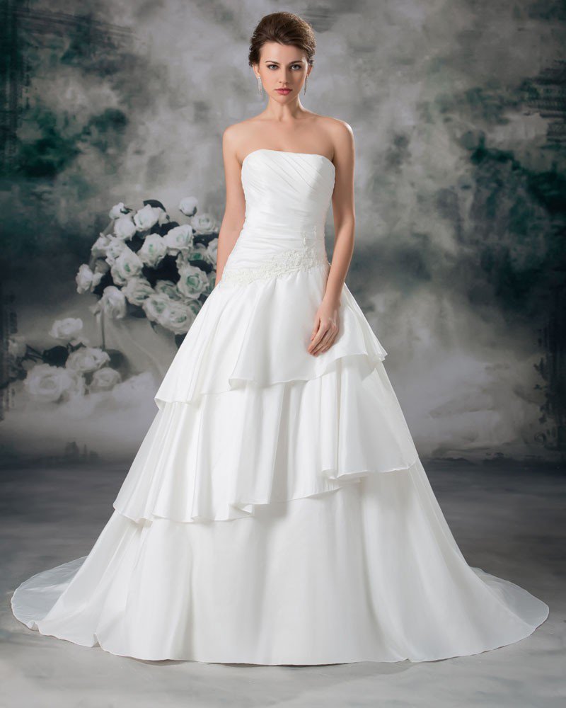 Satin Applique Floor Length Strapless Ball Gown Tiered Women A Line Wedding Dress