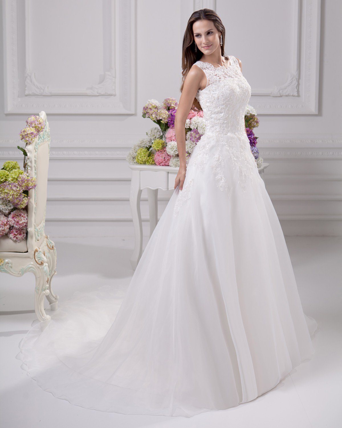 Elegant Jewel Floor Length Lace Satin Women A Line Wedding Dress