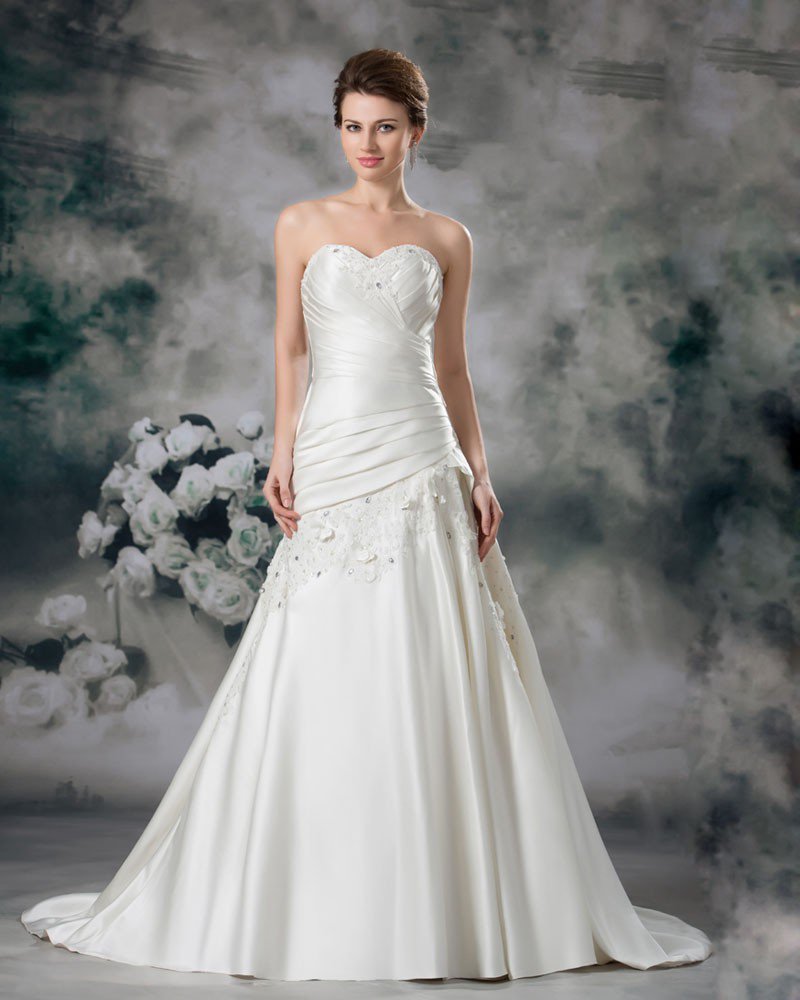 Satin Applique Sequins Floor Length Sweetheart Women A Line Wedding Dress