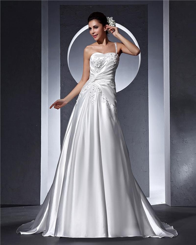 One Shoulder Beading Applique Floor Length Satin Woman A Line Wedding Dress