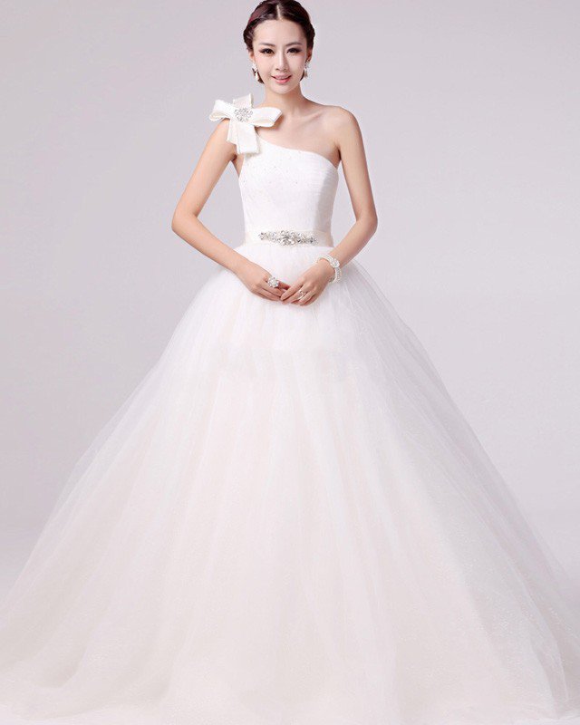 Fresh Applique Beading One Shoulder Satin A Line Wedding Dress