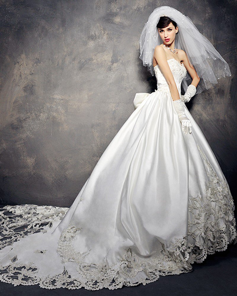 Satin Tulle Lace Beading Bowknot Embroidery Sweetheart Floor Length Cathedral Train A-Line Wedding D