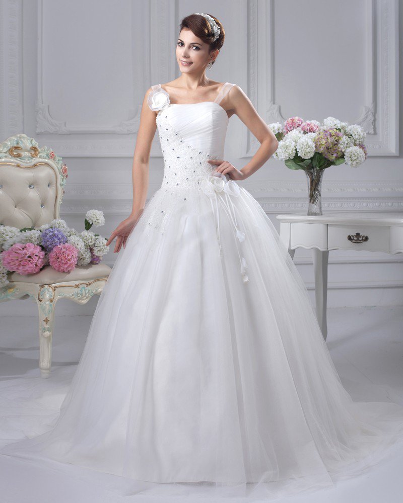 Satin Beaded Flowers Shoulder Straps Chapel Bridal Ball Gown Wedding Dress