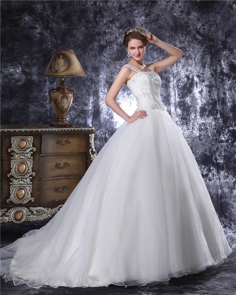 Square Floor Length Beading Organza Women Ball Gown Wedding Dress