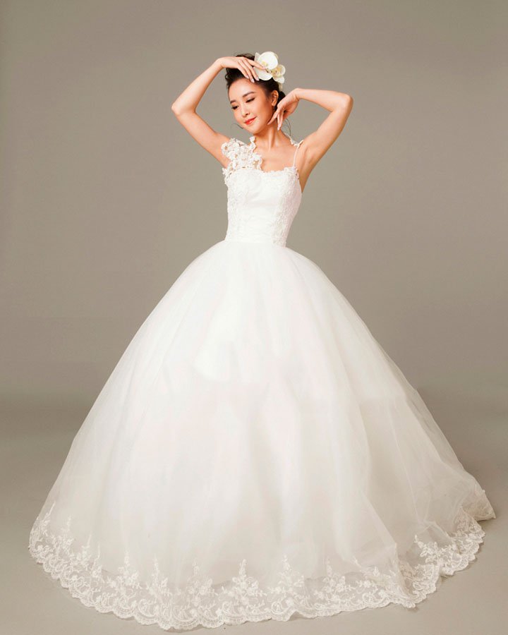 Applique Beading Spaghetti Straps Tulle Ball Gown Wedding Dress
