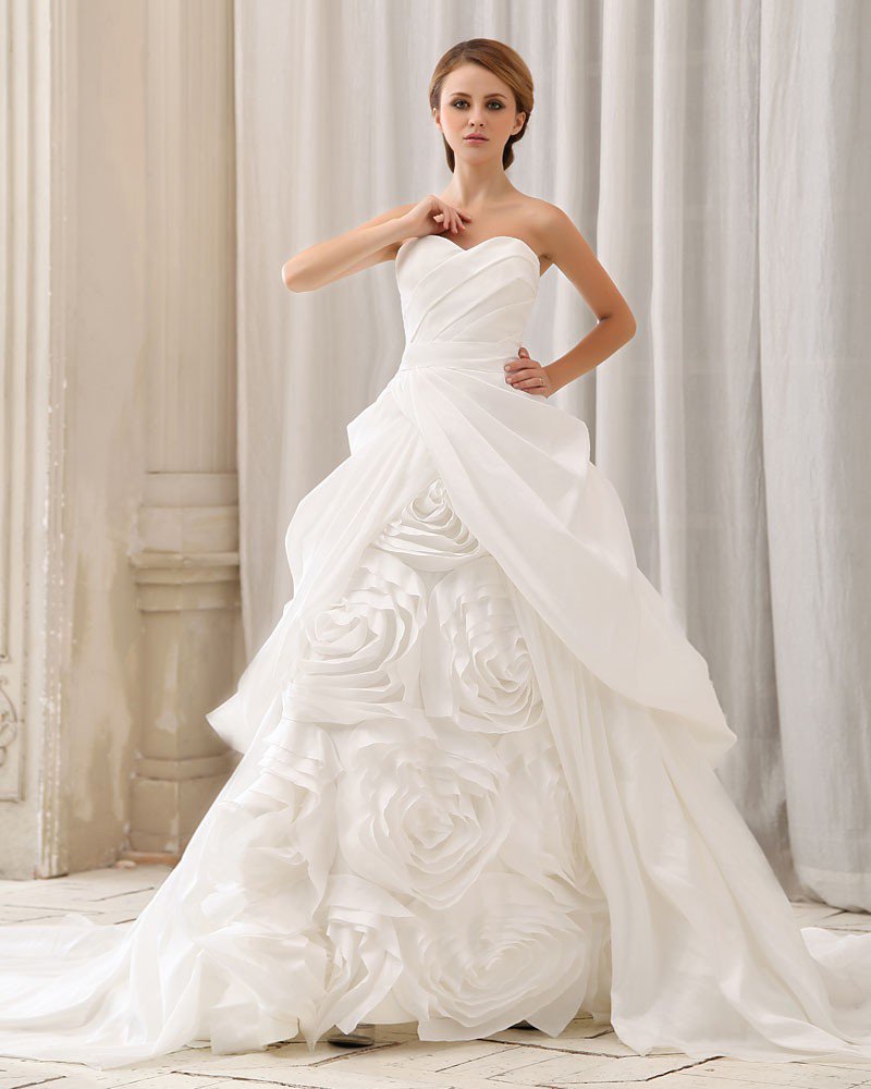 Elegant Solid Ruffle Handmade Flower Strapless Back Zipper Court Train Taffeta Ball Gown Wedding Dre
