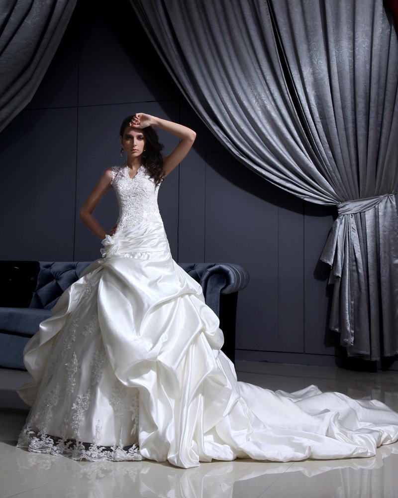 Satin Lace Beaded Applique Ruffle V Neck Chapel Bridal Ball Gown Wedding Dress