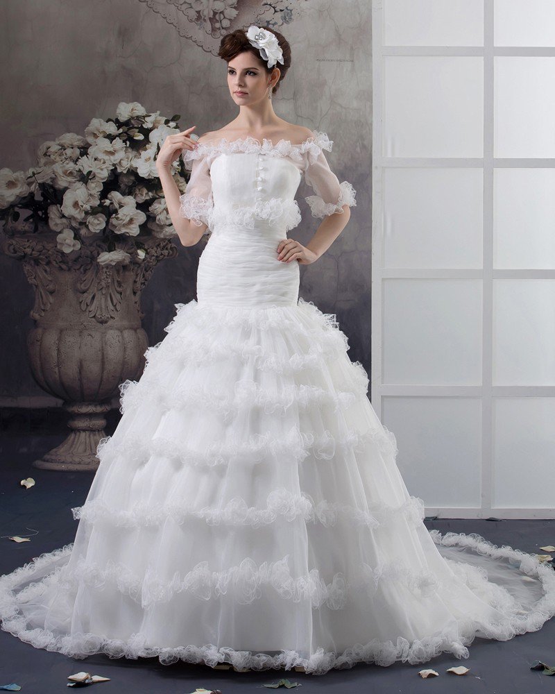 Beaded Yarn Sweep Flower Bridal Ball Gown Wedding Dress