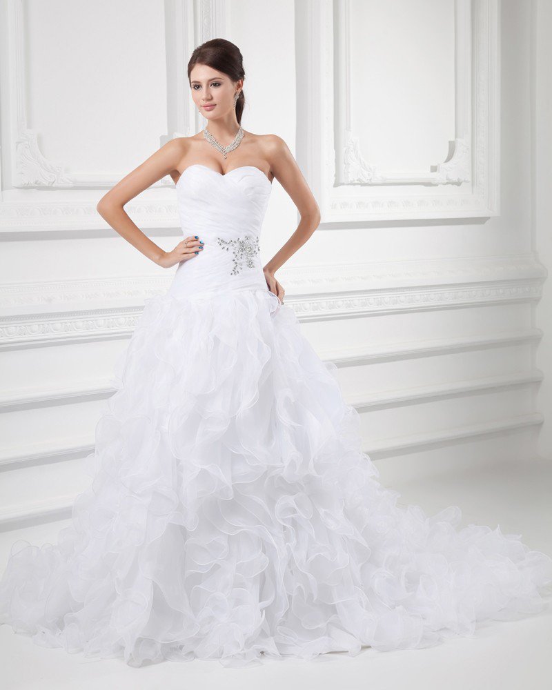 Organza Flower Beading Ruffle Sweetheart Court Train Tiered Ball Gown Wedding Dress