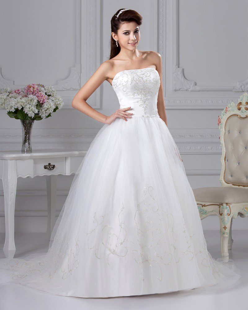 Strapless Chapel Train Organza Satin Ball Gown Wedding Dress