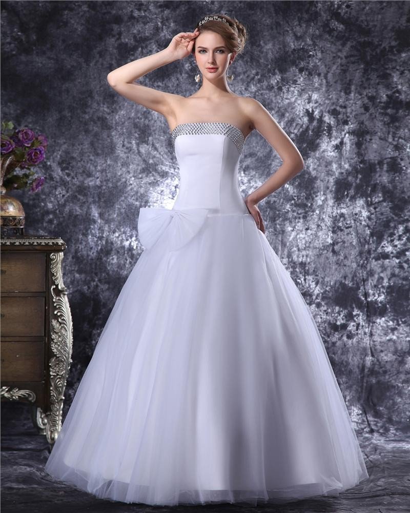 Strapless Floor Length Bowknot Beading Satin Womens Ball Gown Wedding Dress