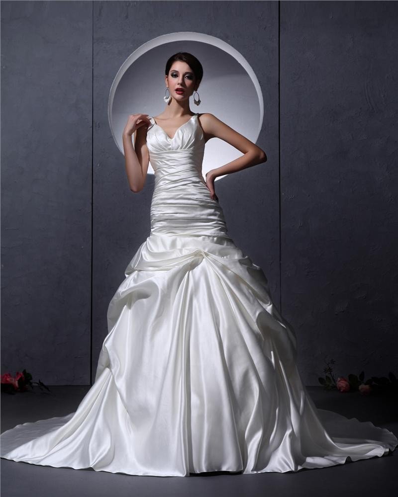 Ruffles V Neck Satin Court Mermaid Bridal Gown Wedding Dress
