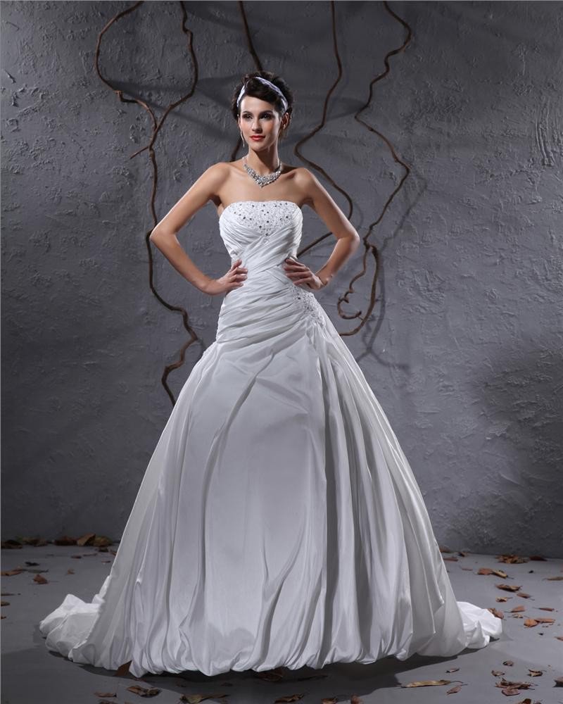 Elegant Taffeta Pleated Applique Beaded Strapless Floor Length Court Train Ball Gown Wedding Dress