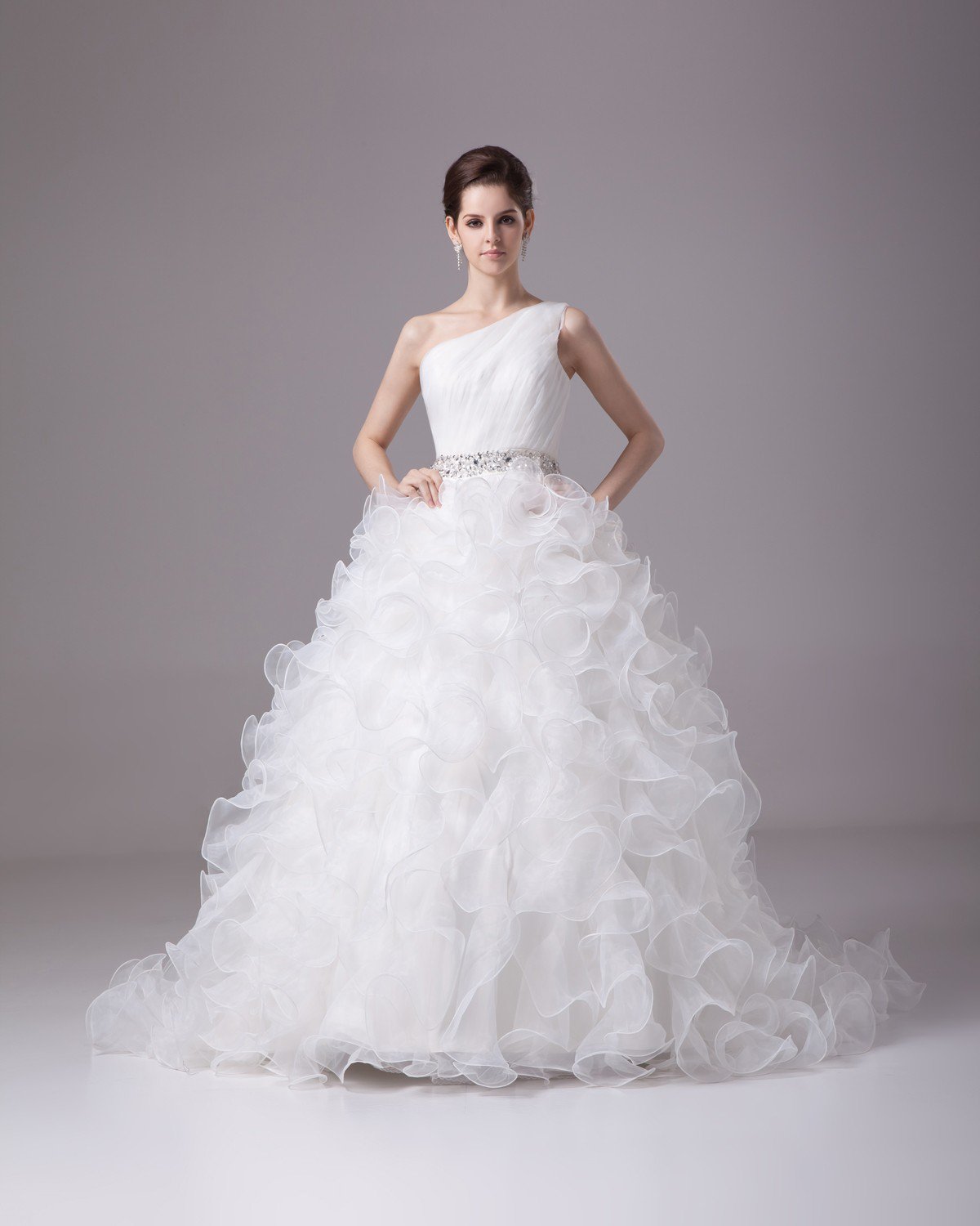 Sloping Floor Length Beading Ruffles Pleated Satin Yarn Ball Gown Wedding Dress