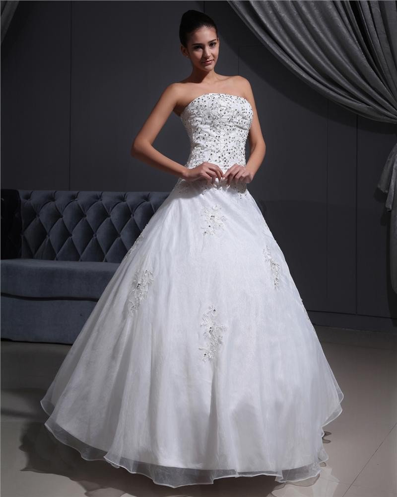 Satin Organza Applique Beads Strapless Floor Length Wedding Dresses