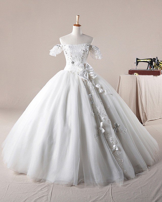 Solid Applique Beading Bateau Bow Decoration Organza Ball Gown Wedding Dress