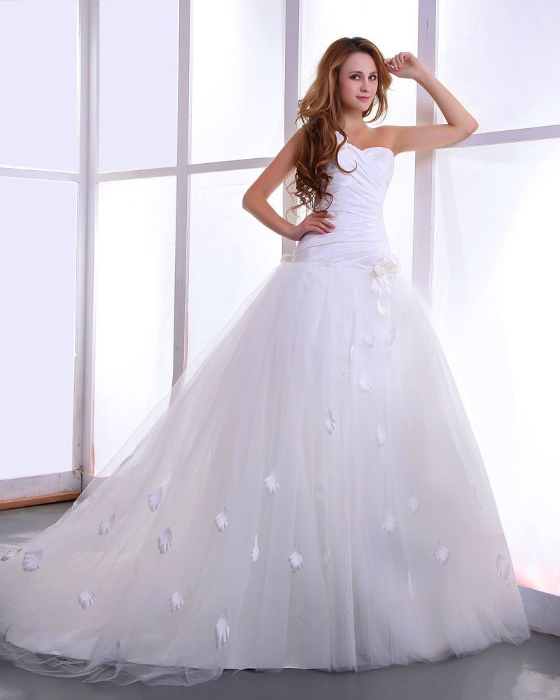 Satin Yarn Flowers Court Bridal Ball Gown Wedding Dress