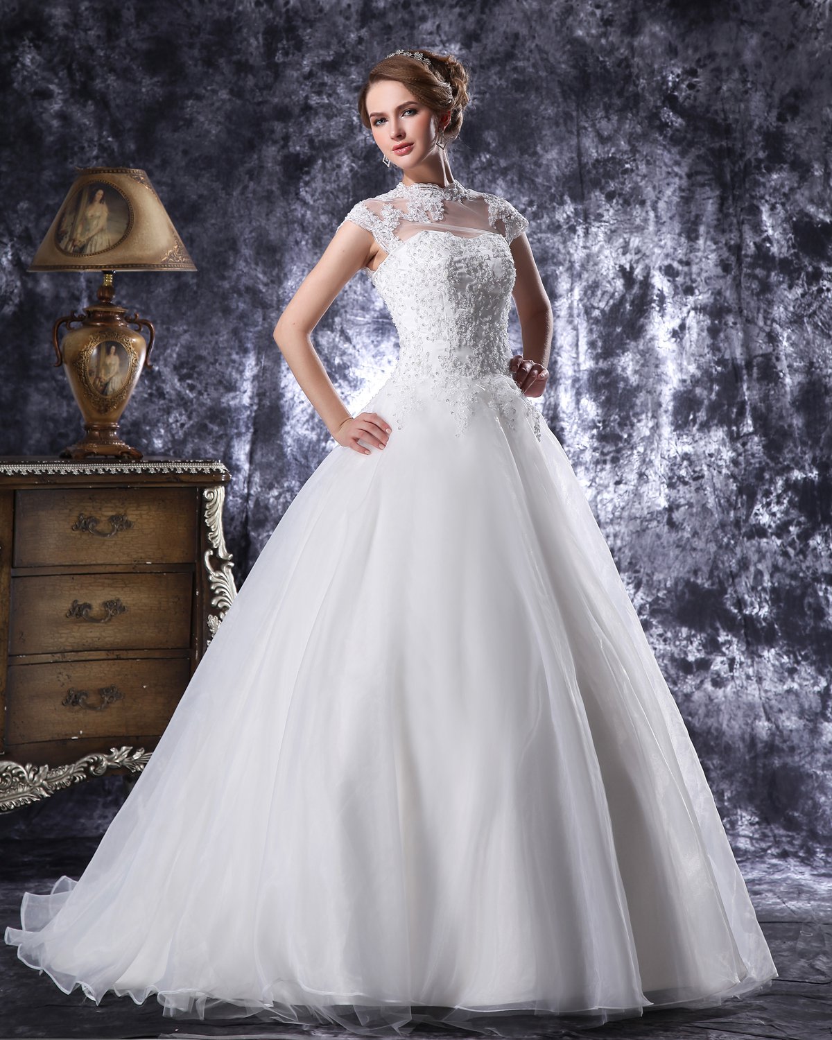 High Neck Floor Length Beading Applique Organza Ball Gown Wedding Dress