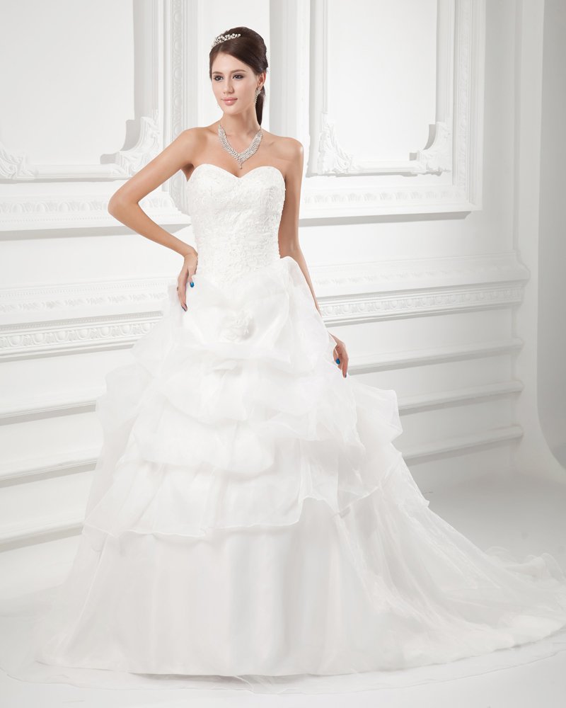 Organza Applique Beading Ruffle Sweetheart Court Train Tiered Ball Gown Wedding Dress