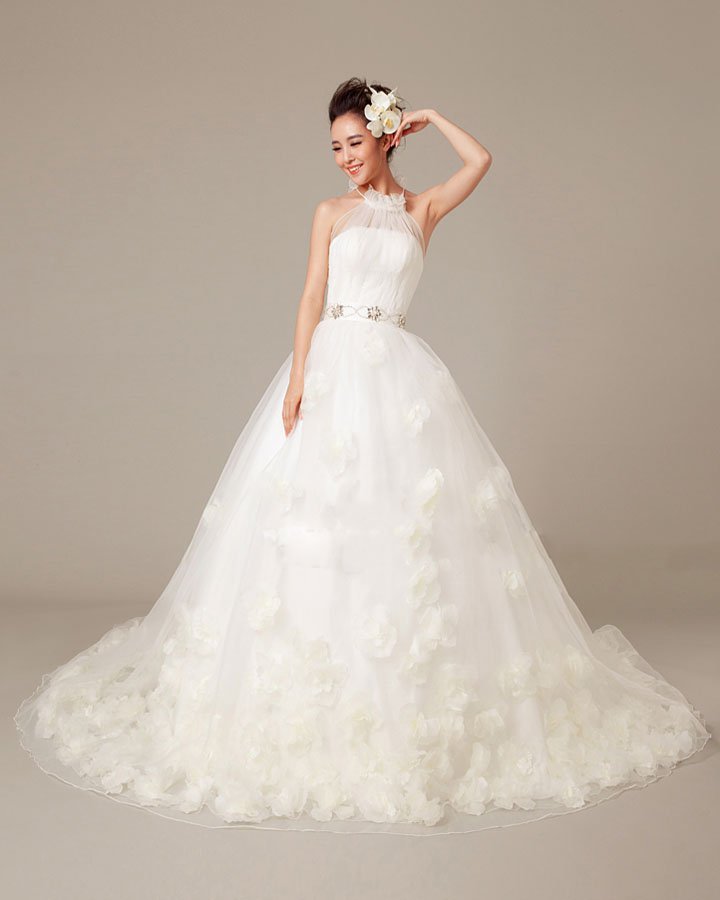 Solid Applique Beading Ruffles High Neck Organza Ball Gown Wedding Dress