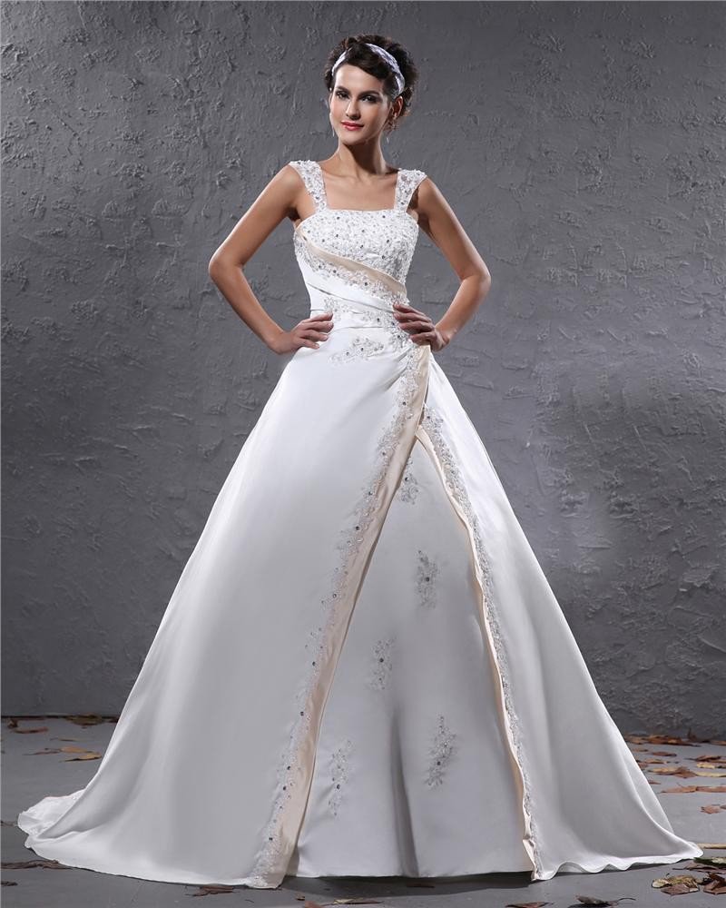 Elegant Satin Applique Beaded Shoulder Straps Floor Length Ball Gown Wedding Dress