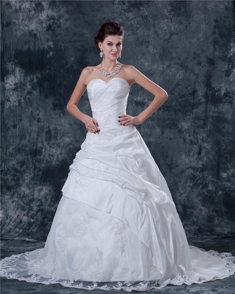 Taffeta Beading Ruffles Satin Sleeveless Sweetheart Cathedral Train Ball Gown Wedding Dress
