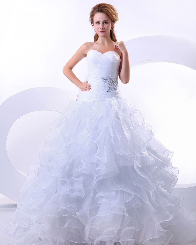 Elegant Organza Ruffle Beading Sweetheart Chapel Bridal Ball Gown Wedding Dress