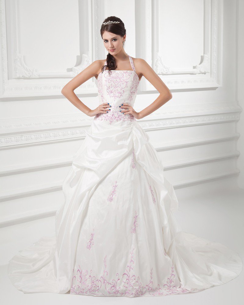 Taffeta Embroidered Halter Court Train Ball Gown Wedding Dress
