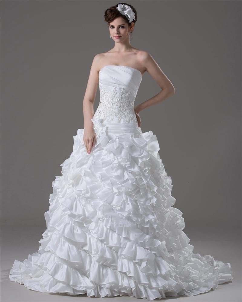 Strapless Ruffle Beading Floor Length Taffeta Ball Gown Wedding Dress