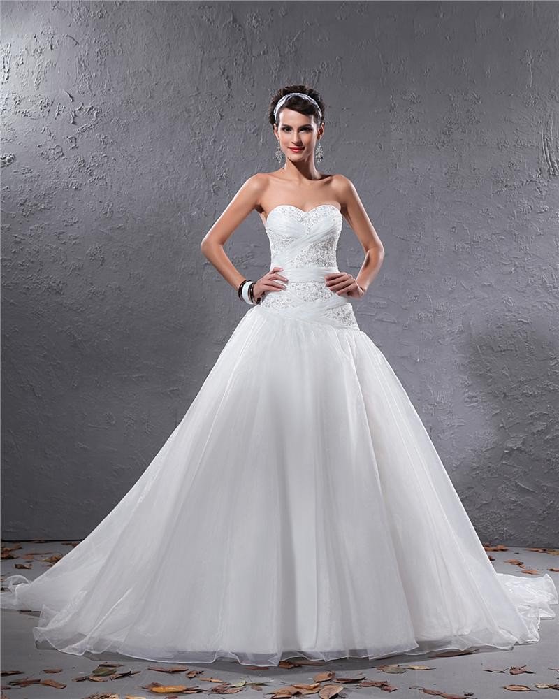 Elegant Organza Pleated Applique Beaded Sweetheart Floor Length Court Train Ball Gown Wedding Dress